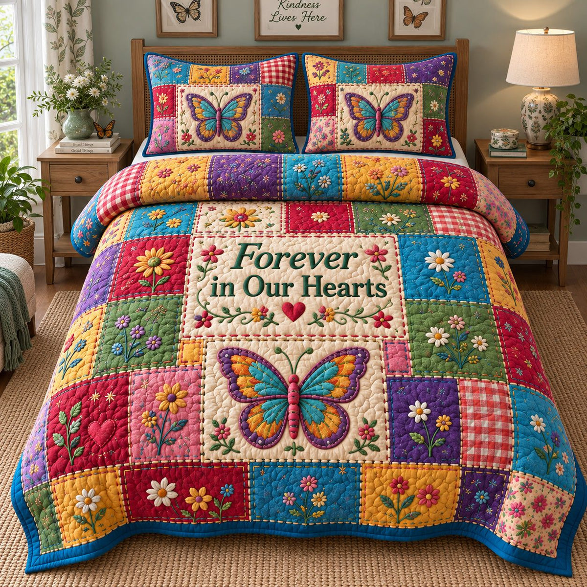 Forever In Our Hearts quilted 3-piece bedding set on a made bed with two matching pillow shams