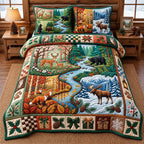 Four Season Forest Patchwork quilted 3-piece bedding set on a made bed in a farmhouse bedroom