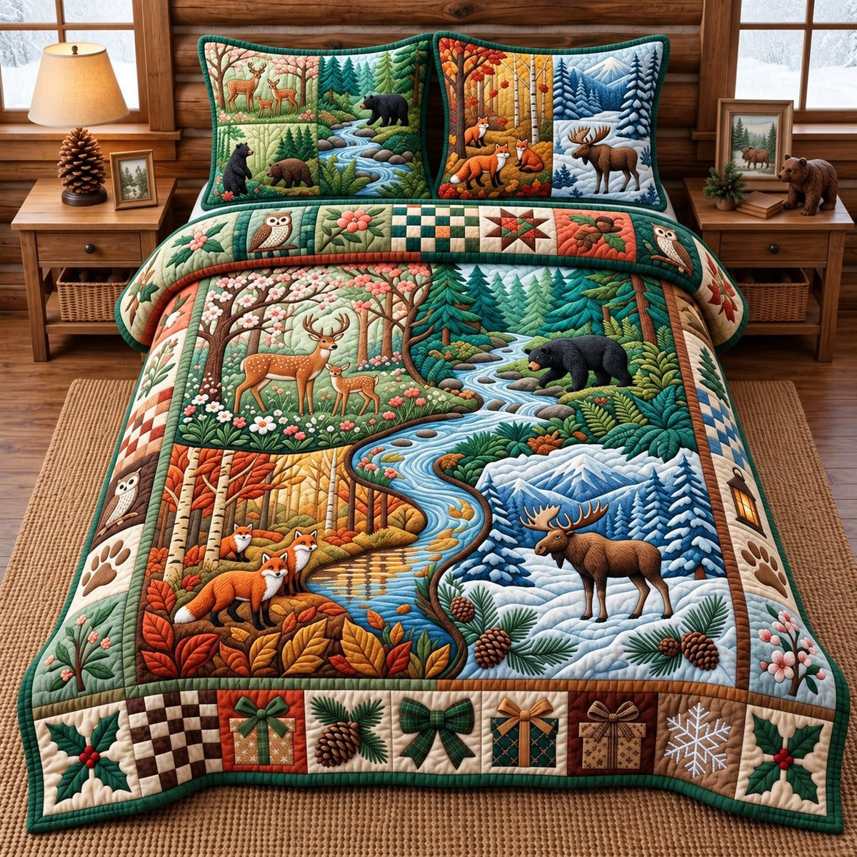 Four Season Forest Patchwork quilted 3-piece bedding set on a made bed in a farmhouse bedroom