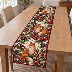 Fox Pomegranate Rocking Horse printed Christmas quilted table runner; design mockup showing a flat printed depth effect.