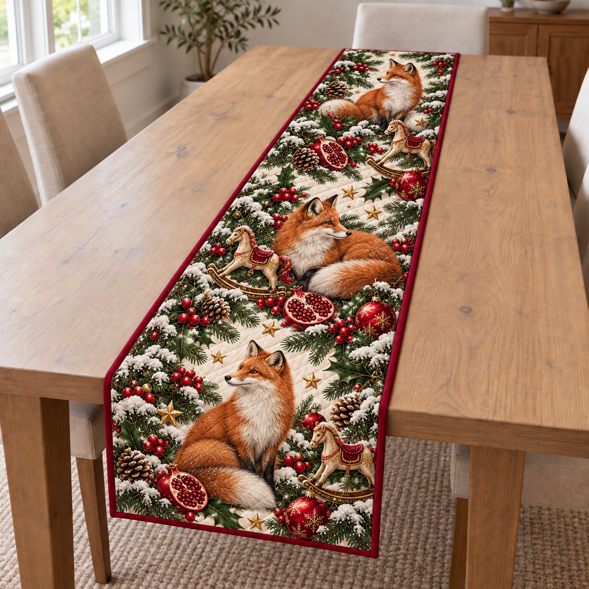 Fox Pomegranate Rocking Horse printed Christmas quilted table runner; design mockup showing a flat printed depth effect.