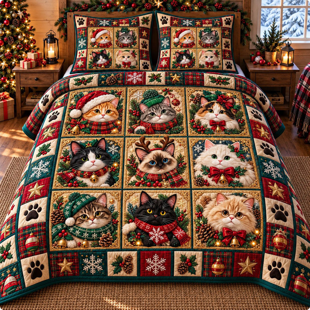Framed Cat Portraits Patchwork quilted 3-piece bedding set on a made bed in a farmhouse bedroom