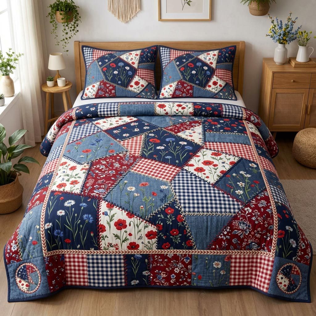 Freedom Meadow quilted 3-piece bedding set on a made bed in a warmly lit bedroom