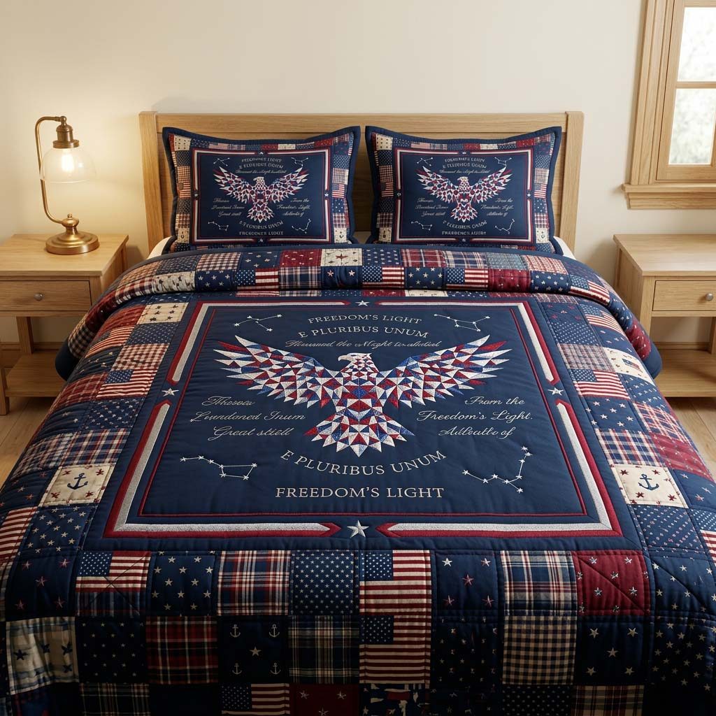 Freedom Patchwork Eagle Navy quilted 3-piece bedding set on a made bed in a warmly lit bedroom