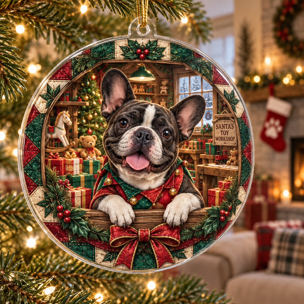 French Bulldog Acrylic Christmas Ornament — digital product visualization