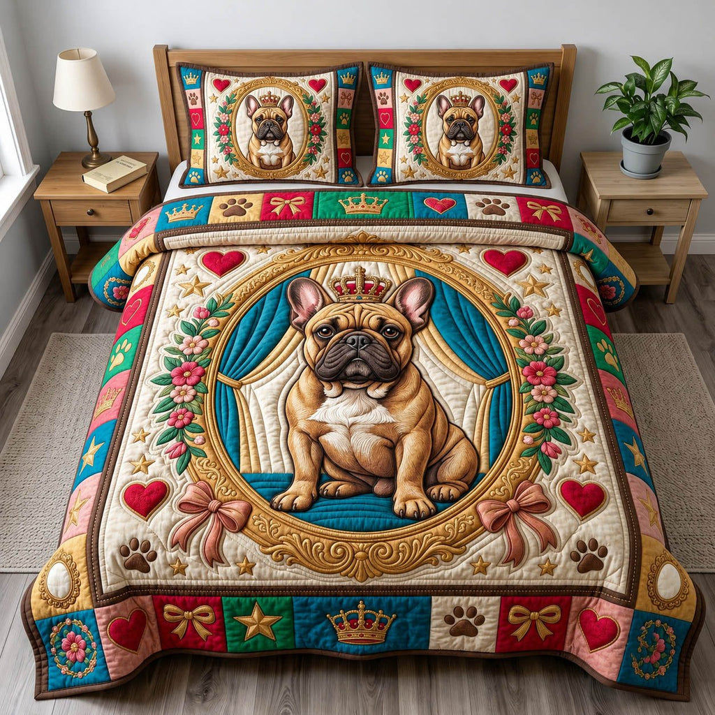 French Bulldog Crown Ring quilted 3-piece bedding set on a made bed with two matching pillow shams