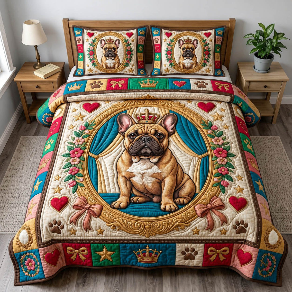 French Bulldog Crown Ring quilted 3-piece bedding set on a made bed with two matching pillow shams