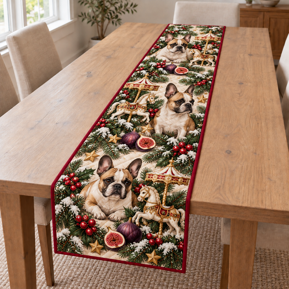 French Bulldog Fig Carousel printed Christmas quilted table runner; design mockup showing a flat printed depth effect.