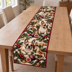 French Bulldog Fig Carousel printed Christmas quilted table runner; design mockup showing a flat printed depth effect.