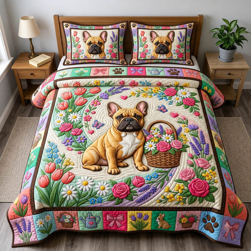 French Bulldog Flower Basket quilted 3-piece bedding set on a made bed with two matching pillow shams