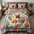 French Bulldog Flower Basket quilted 3-piece bedding set on a made bed with two matching pillow shams