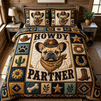 French Bulldog Howdy Partner Pup quilted 3-piece bedding set on a made bed with two matching pillow shams