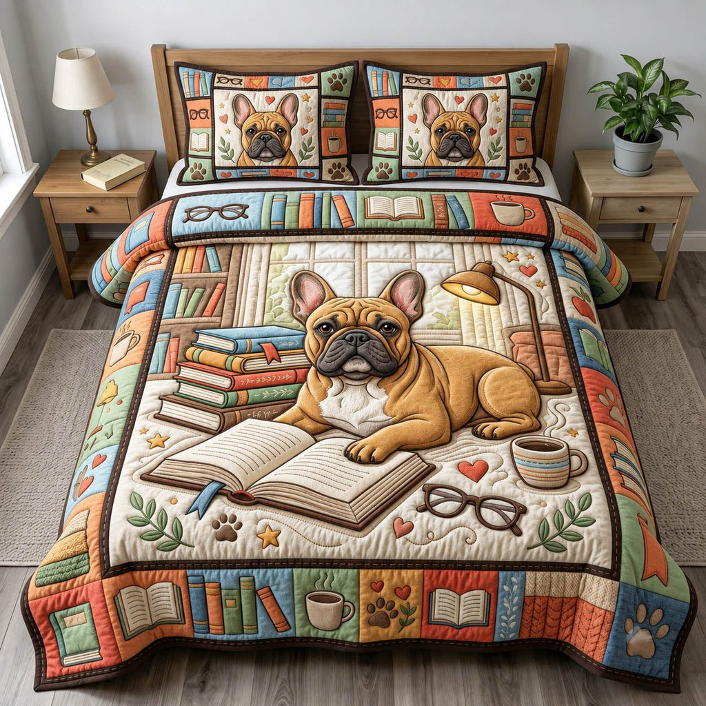 French Bulldog Library quilted 3-piece bedding set on a made bed with two matching pillow shams