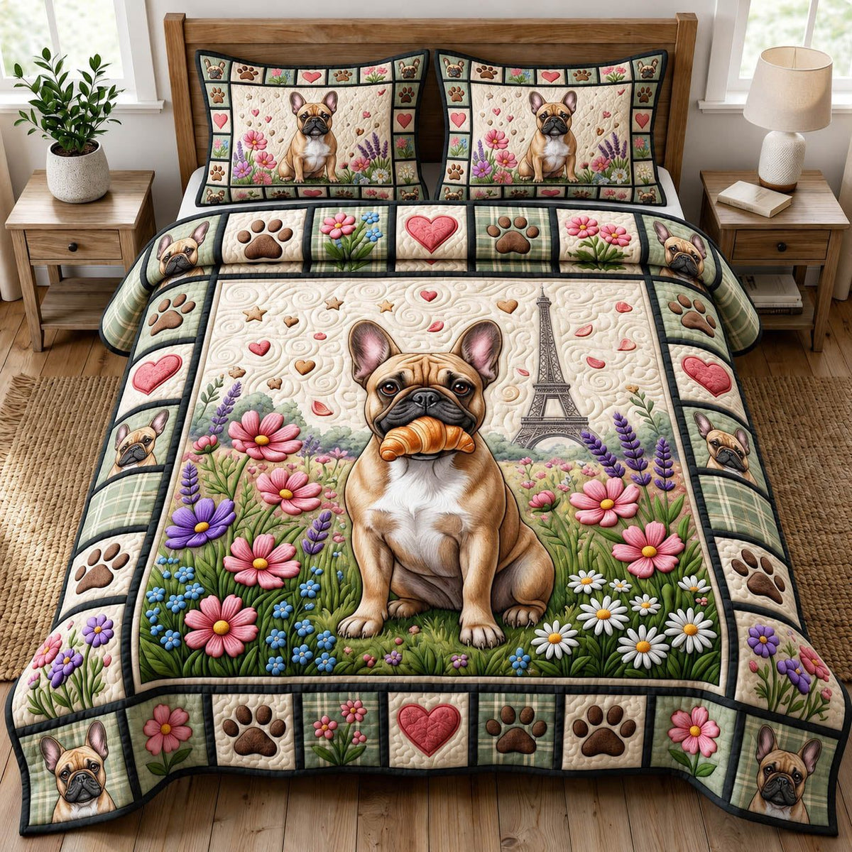 French Bulldog Paris Garden quilted 3-piece bedding set on a made bed with two matching pillow shams
