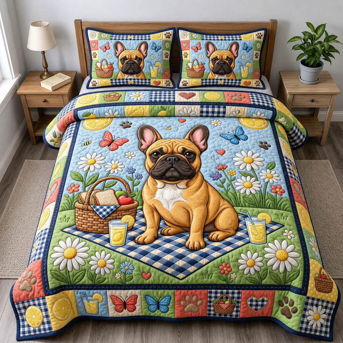 French Bulldog Picnic Basket quilted 3-piece bedding set on a made bed with two matching pillow shams