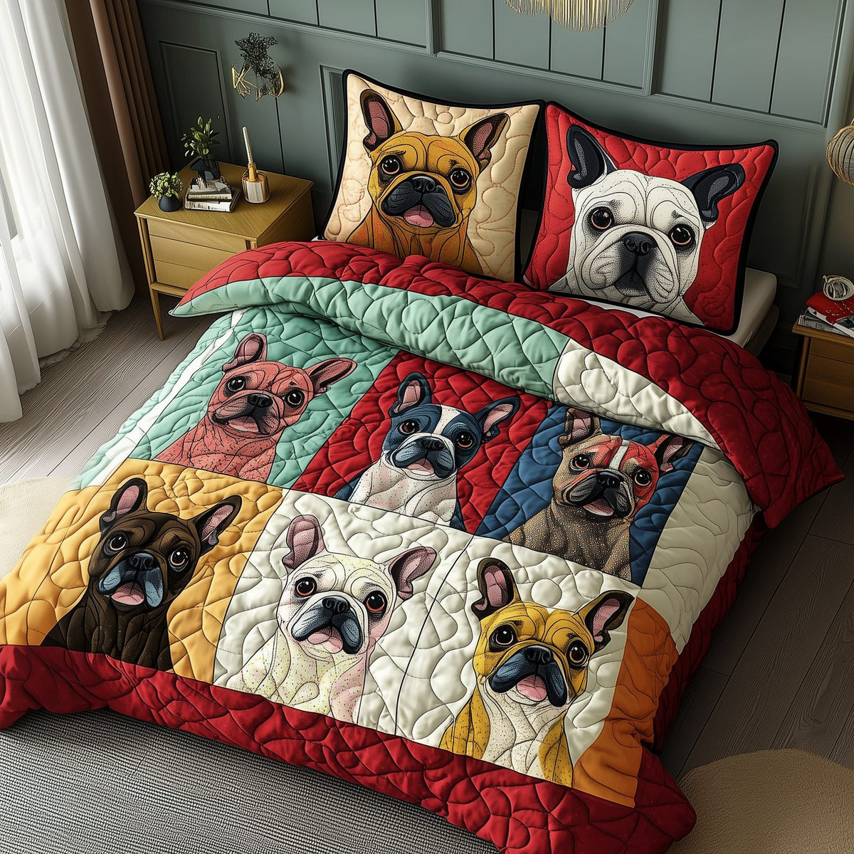 French Bulldog Red Grid quilted 3-piece bedding set on a made bed with two matching pillow shams