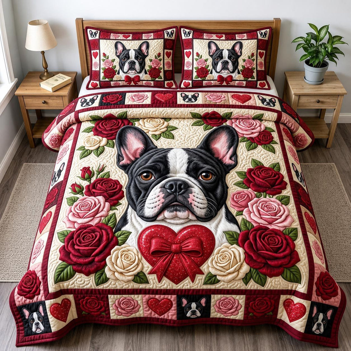 French Bulldog Rose Heart quilted 3-piece bedding set on a made bed with two matching pillow shams