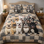 French Bulldog Trio Plaid quilted 3-piece bedding set on a made bed in a farmhouse bedroom