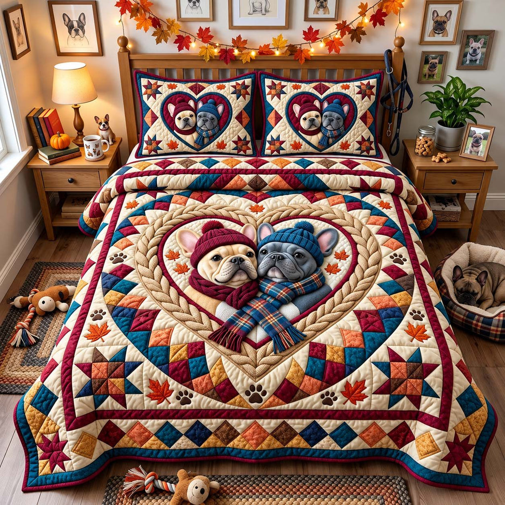 Frenchie Love Quilt quilted 3-piece bedding set on a made bed with two matching pillow shams