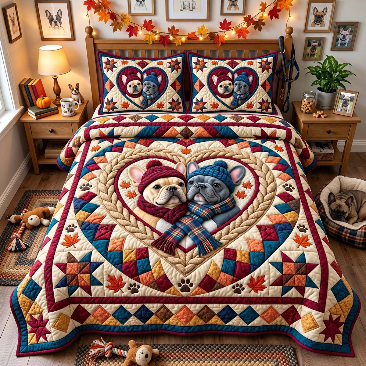 Frenchie Love Quilt quilted 3-piece bedding set on a made bed with two matching pillow shams