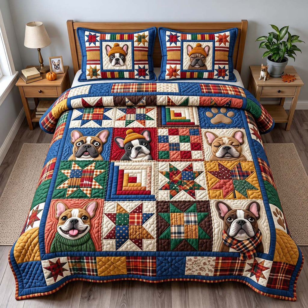 Frenchie Patchwork quilted 3-piece bedding set on a made bed in a farmhouse bedroom