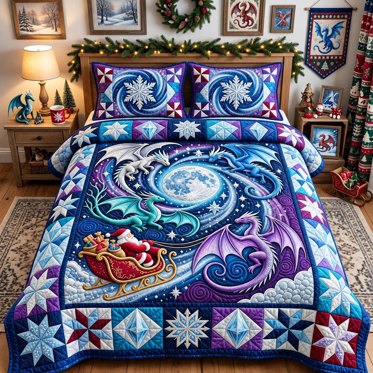 Frost Moon Dragons quilted 3-piece bedding set on a made bed in a winter-styled bedroom