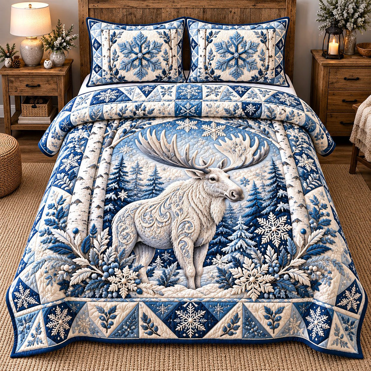 Frosted Moose Elegance quilted 3-piece bedding set on a made bed in a winter-styled bedroom
