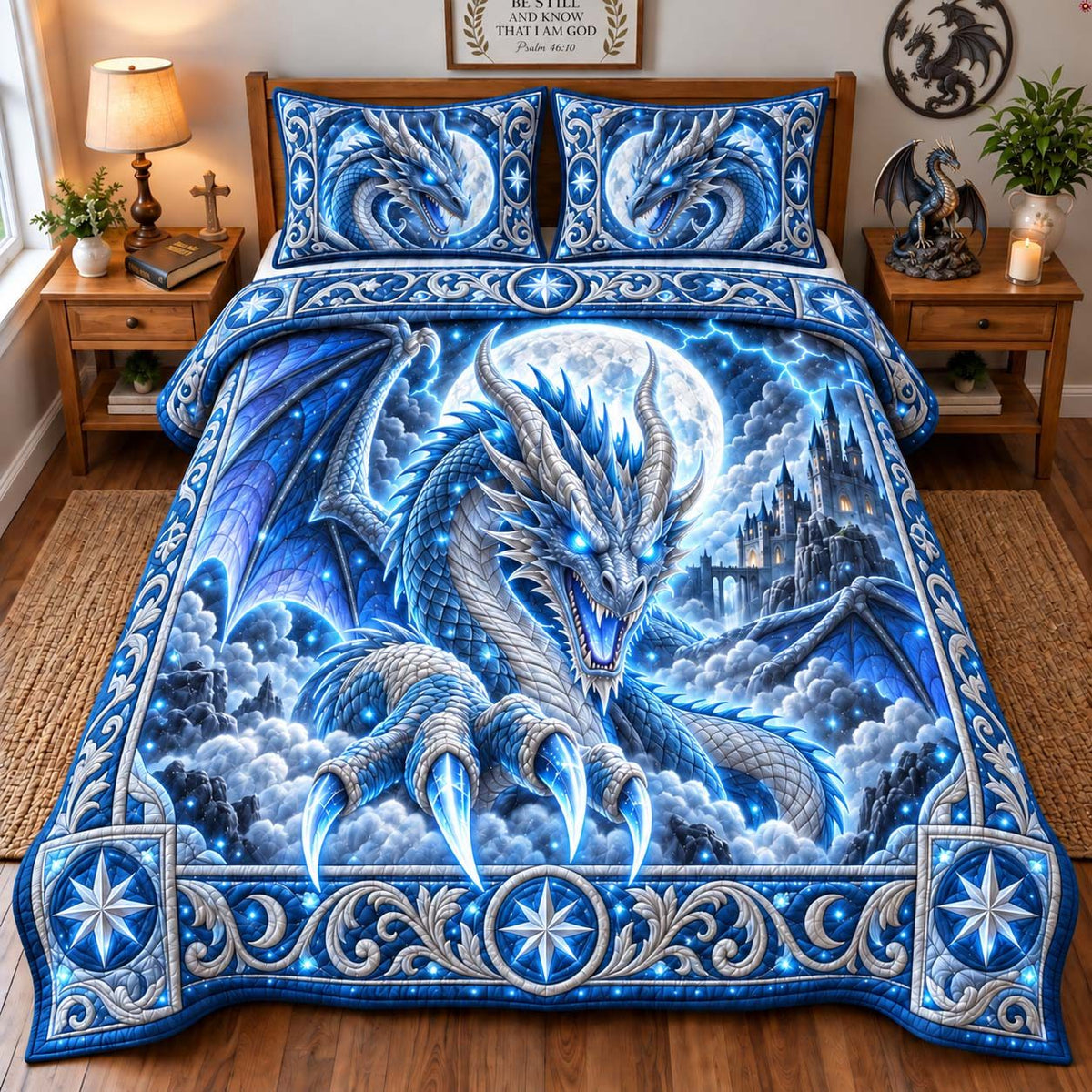 Froststorm Dragon quilted 3-piece bedding set on a made bed in a winter-styled bedroom