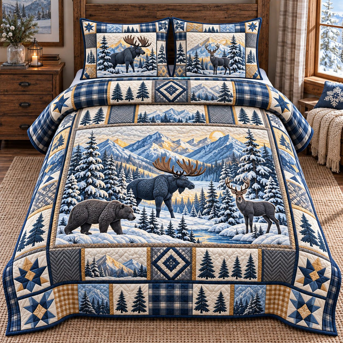 Frosty Blue Moose Bear Patchwork quilted 3-piece bedding set on a made bed in a winter-styled bedroom