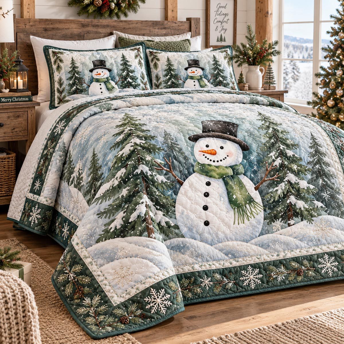 Frosty Evergreen Snowman quilted 3-piece bedding set on a made bed in a winter-styled bedroom