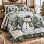 Frosty Evergreen Snowman quilted 3-piece bedding set on a made bed in a winter-styled bedroom