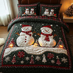 Frosty Friends Snowman Pair quilted 3-piece bedding set on a made bed in a winter-styled bedroom