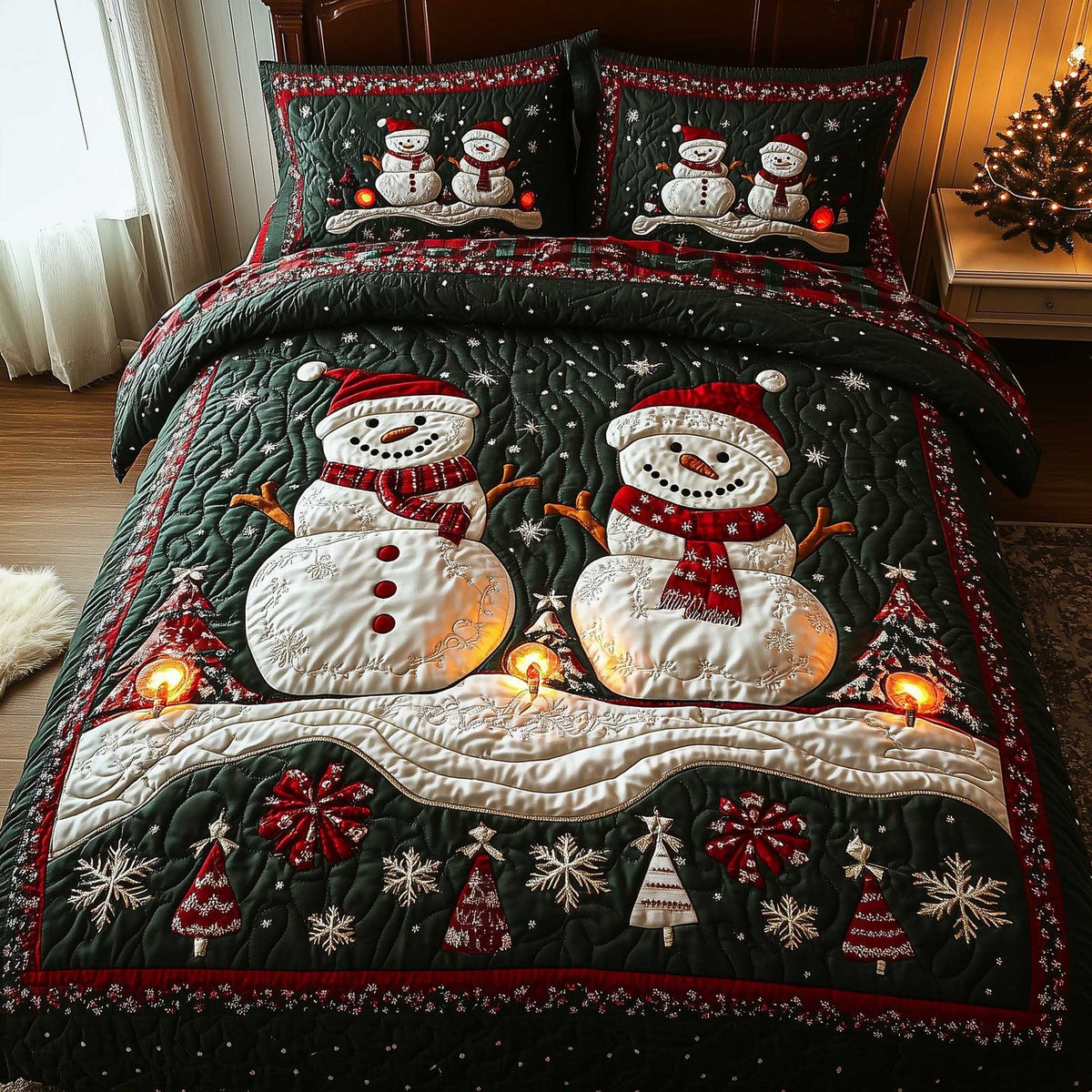 Frosty Friends Snowman Pair quilted 3-piece bedding set on a made bed in a winter-styled bedroom