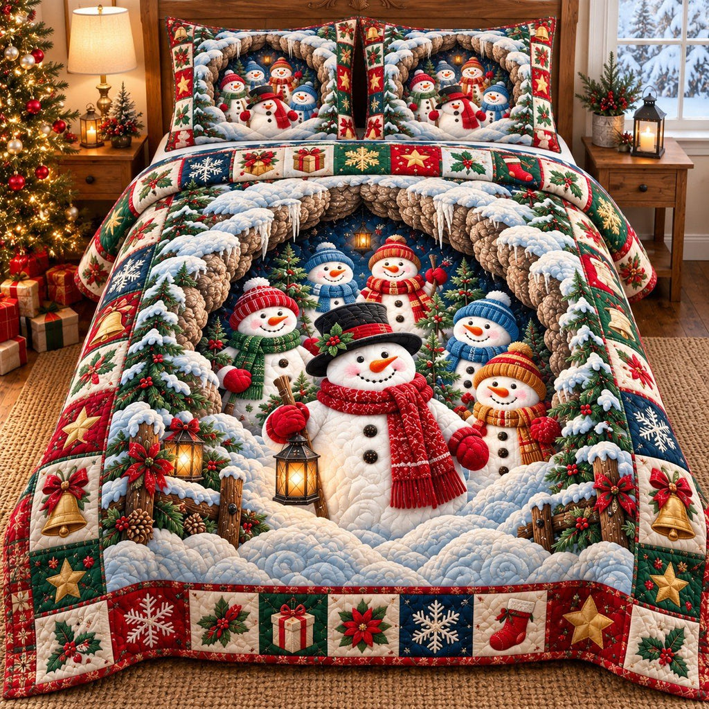 Frosty Snowman Magic quilted 3-piece bedding set on a made bed in a winter-styled bedroom