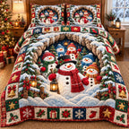 Frosty Snowman Magic quilted 3-piece bedding set on a made bed in a winter-styled bedroom