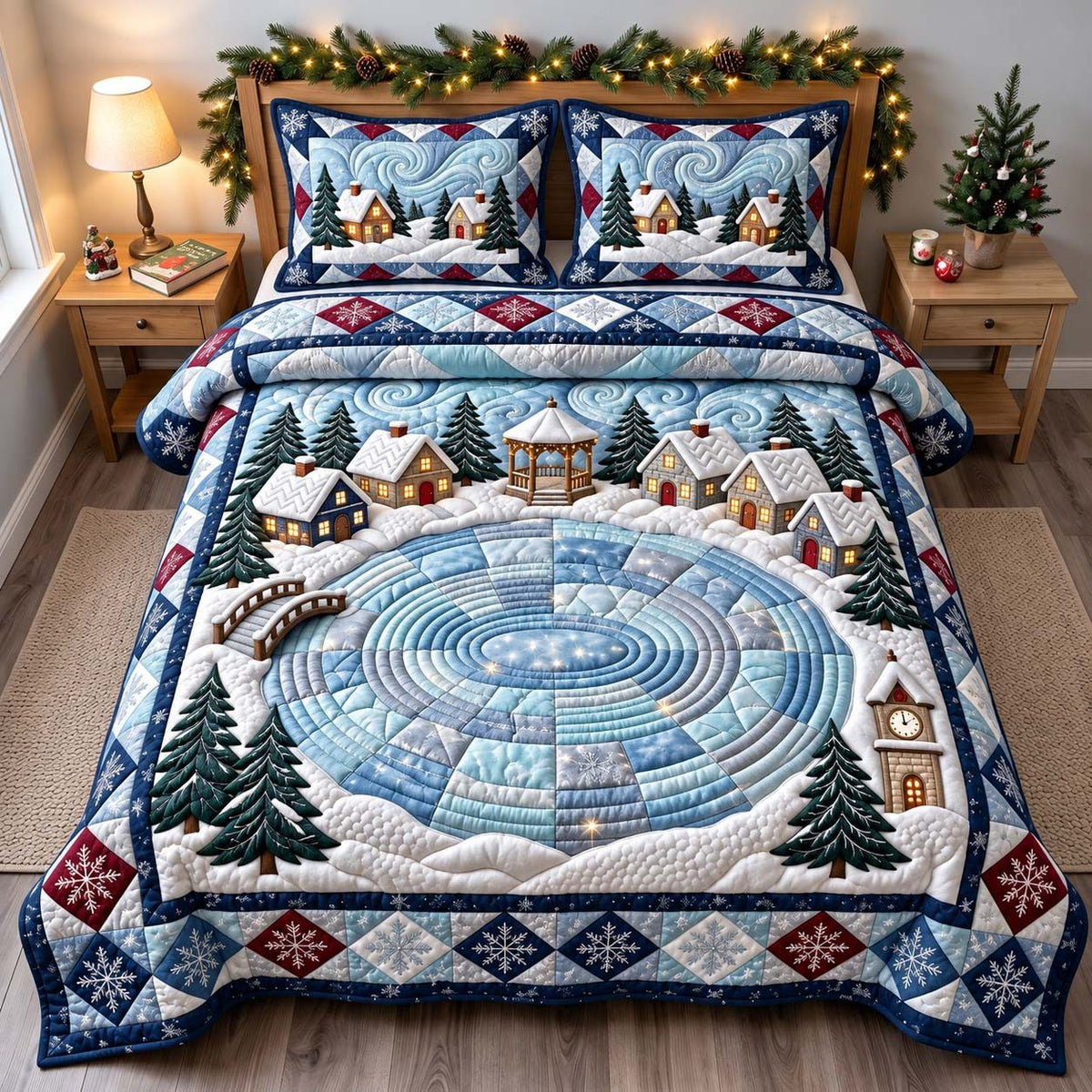 Frozen Christmas Village quilted 3-piece bedding set on a made bed in a winter-styled bedroom