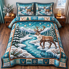 Frozen River Reindeer quilted 3-piece bedding set on a made bed in a winter-styled bedroom