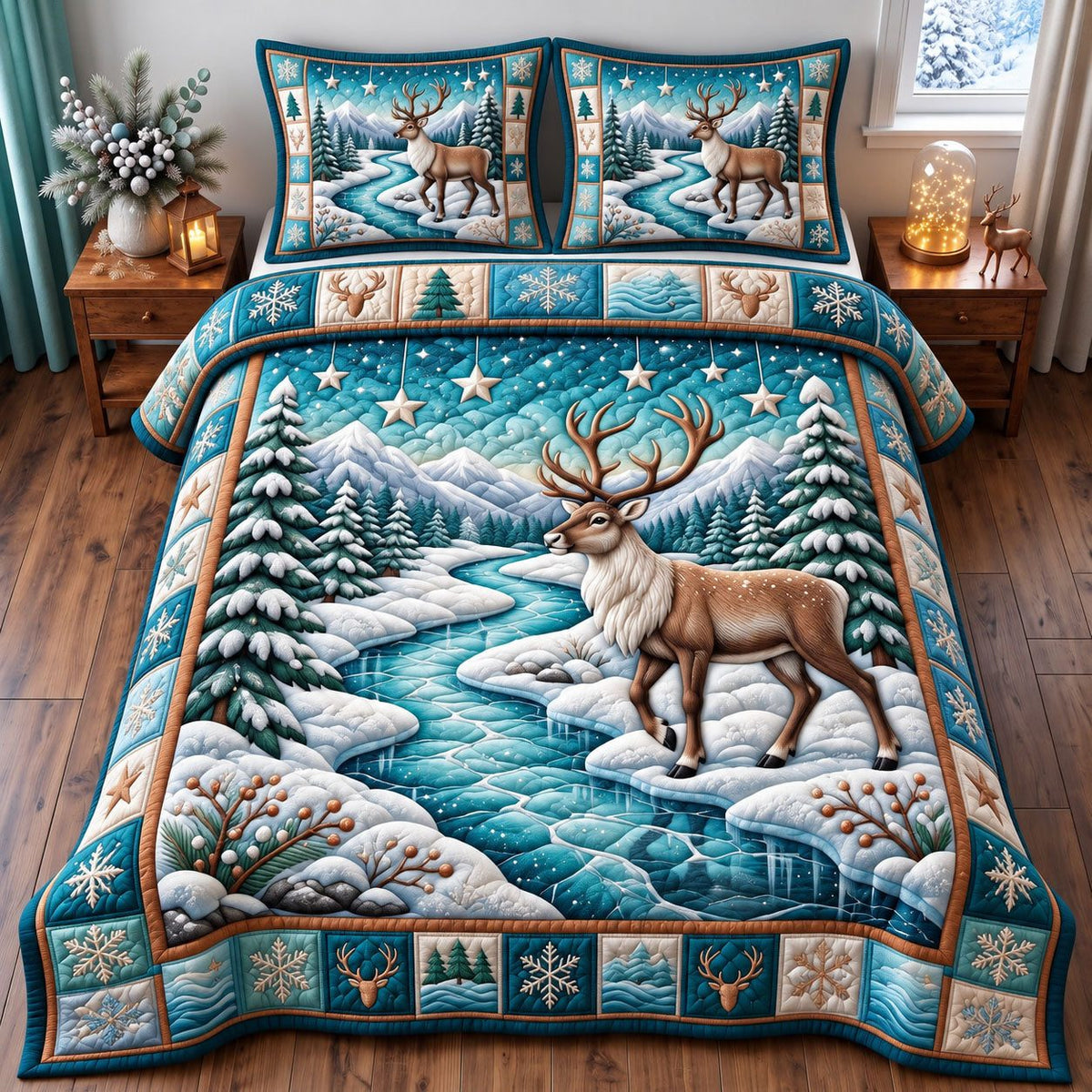 Frozen River Reindeer quilted 3-piece bedding set on a made bed in a winter-styled bedroom