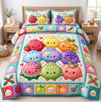 Fruit Basket Dumplings quilted 3-piece bedding set on a made bed with two matching pillow shams
