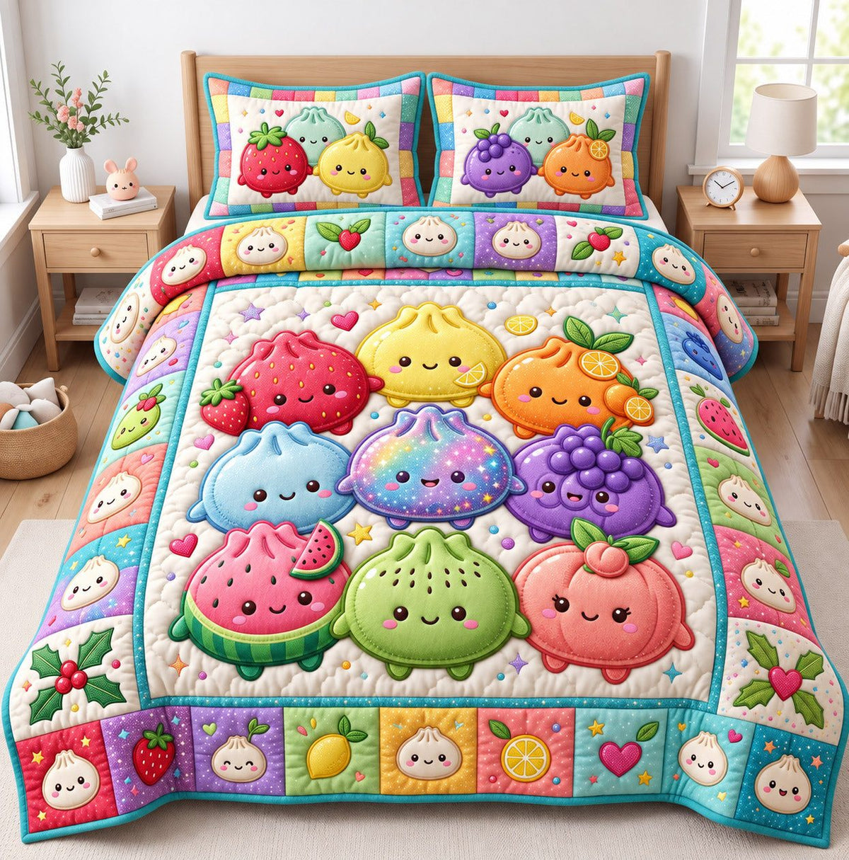 Fruit Basket Dumplings quilted 3-piece bedding set on a made bed with two matching pillow shams