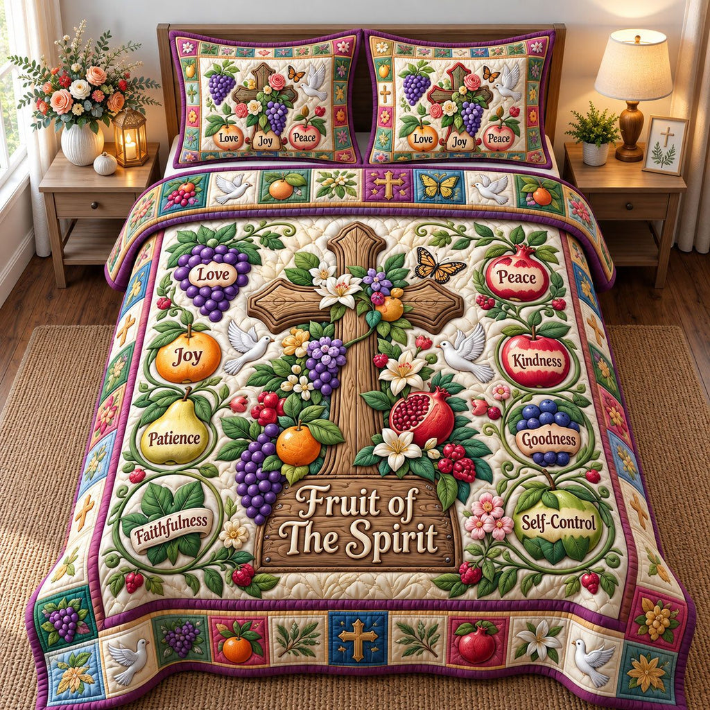 Fruit Of The Spirit Cross quilted 3-piece bedding set on a made bed in a softly lit bedroom