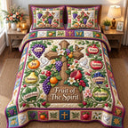 Fruit Of The Spirit Cross quilted 3-piece bedding set on a made bed in a softly lit bedroom