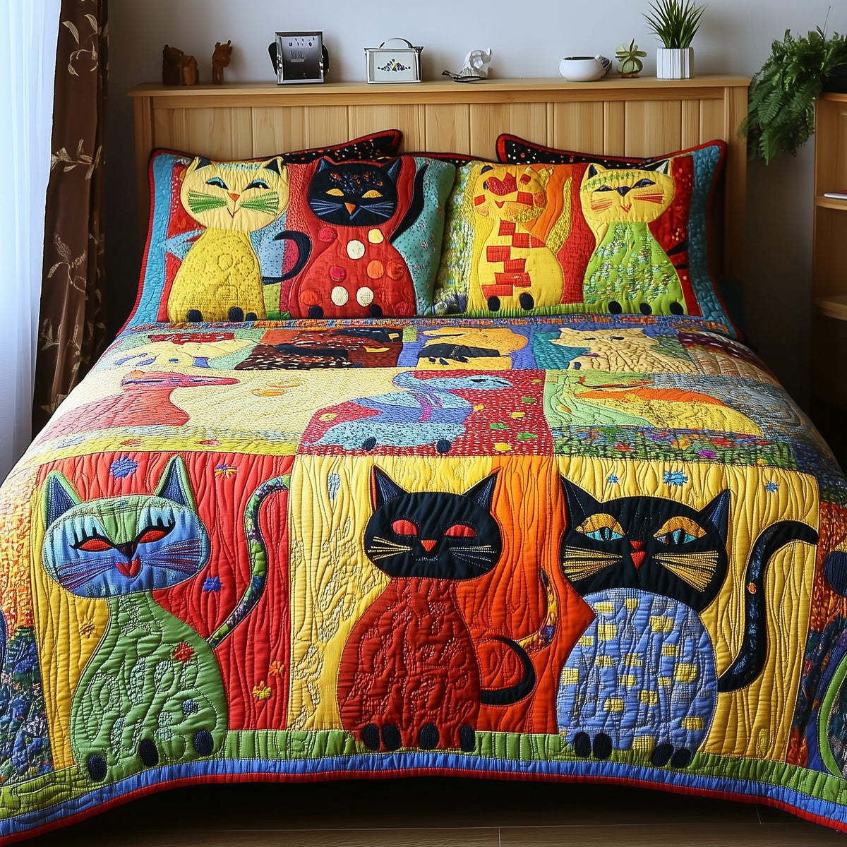 Funky Cats Bright Grid quilted 3-piece bedding set on a made bed with two matching pillow shams