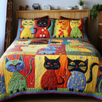 Funky Cats Bright Grid quilted 3-piece bedding set on a made bed with two matching pillow shams