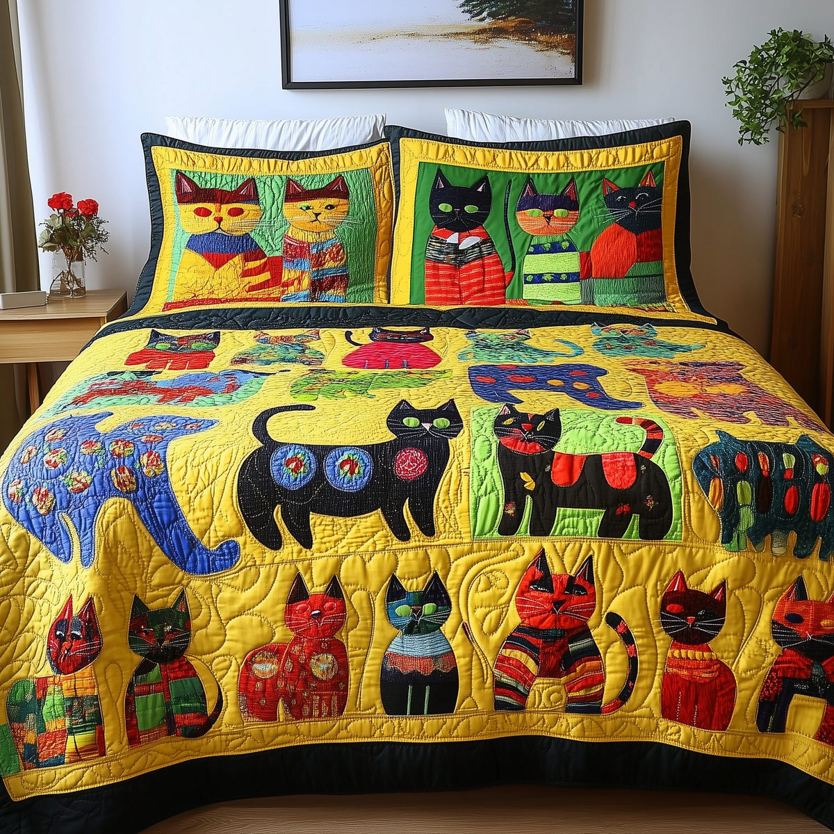 Funky Cats Yellow Quartet quilted 3-piece bedding set on a made bed with two matching pillow shams