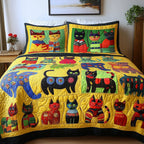 Funky Cats Yellow Quartet quilted 3-piece bedding set on a made bed with two matching pillow shams