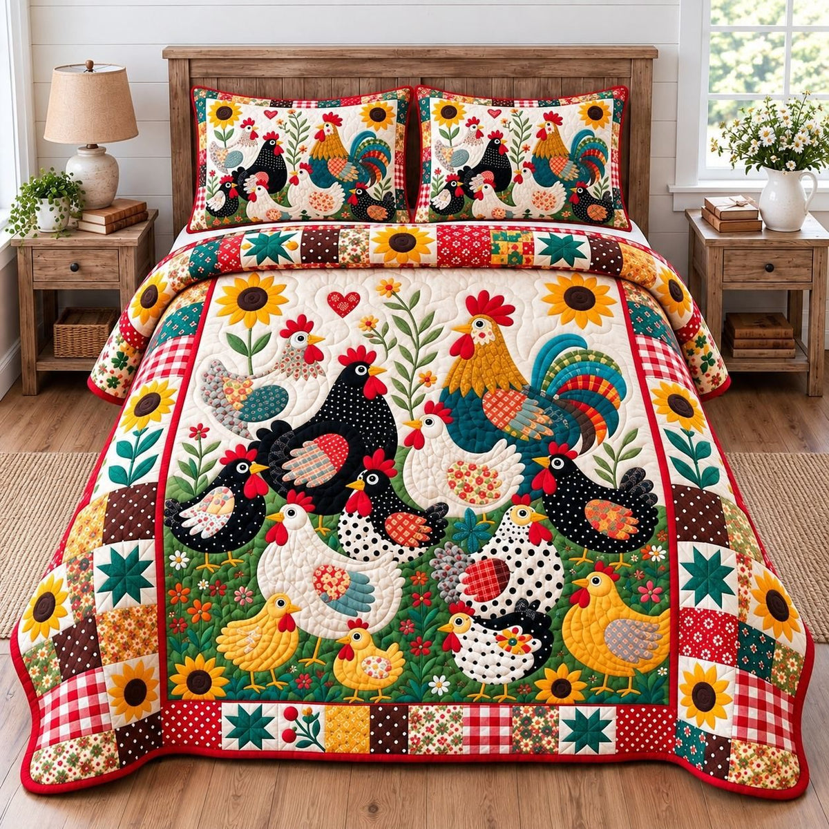 Funky Chicken Party quilted 3-piece bedding set on a made bed with two matching pillow shams