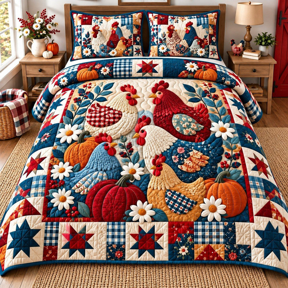 Funky Chicken Squad quilted 3-piece bedding set on a made bed with two matching pillow shams