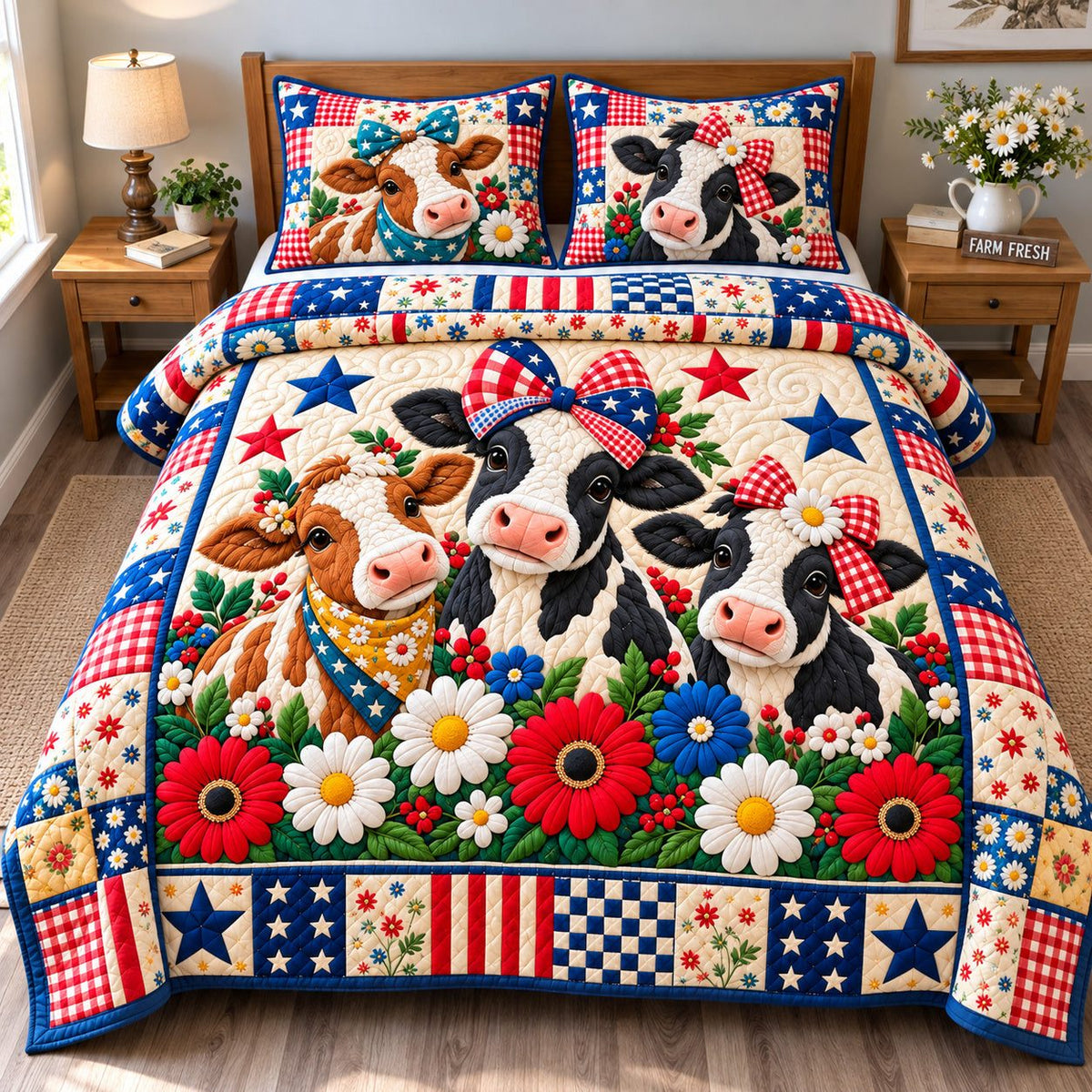 Funky Cow Patriotic quilted 3-piece bedding set on a made bed in a warmly lit bedroom
