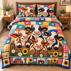Funky Cows quilted 3-piece bedding set on a made bed with two matching pillow shams